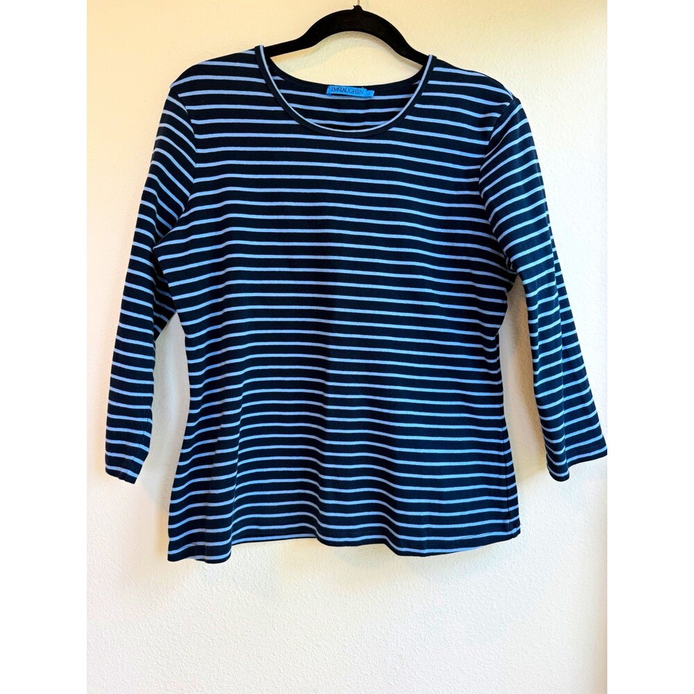 J. McLaughlin Women's L Navy Light Blue Striped Knit Crew Neck 3/4 Stretch Top